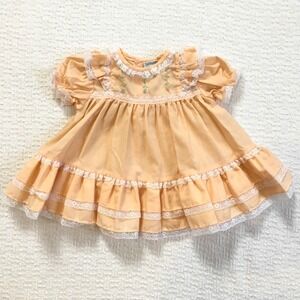 Vintage Nanette Infant Baby Girl Peach Lace Ruffle Dress Embroidered Flowers 0-3